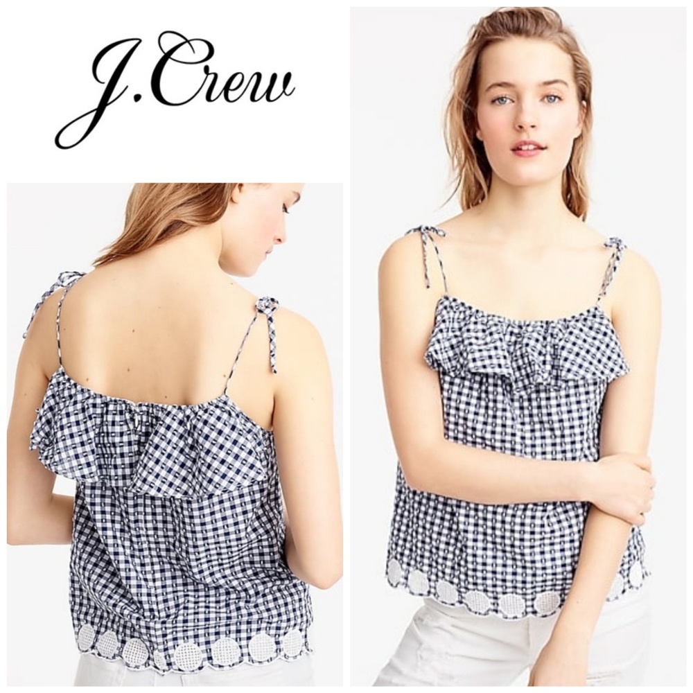 NWT, J. Crew, Gingham Eyelet Trim Tie Strap Top